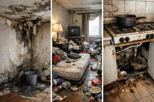 Illustration réaliste des 3 seuils de complexité d’un logement insalubre avec humidité, moisissures, encombrement et cuisine dégradée