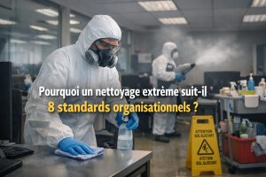 Professionnels en combinaison de protection réalisant un nettoyage extrême selon 8 standards organisationnels dans des bureaux