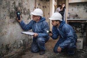 inspection d'un logement insalubre avec mesure de l'humidité et vérification des moisissures par des experts