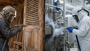 Comparaison entre aérogommage sur volet en bois et nettoyage cryogénique sur machine industrielle