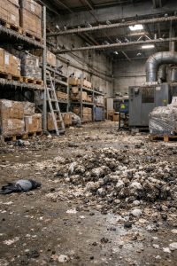 Fientes de pigeon dans un entrepôt logistique avec rayonnages, sol souillé et nuisance aviaire en milieu professionnel