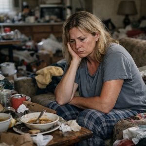 Femme assise dans un logement en situation d’incurie, entourée de désordre, illustrant les premières étapes pour reprendre le contrôle de son intérieur