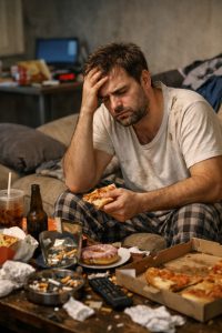 Homme fatigué assis sur un canapé dans un intérieur en désordre, illustrant les signes d’une mauvaise hygiène de vie