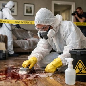 Technicien spécialisé en nettoyage après décès intervenant dans un logement avec équipement de protection complet