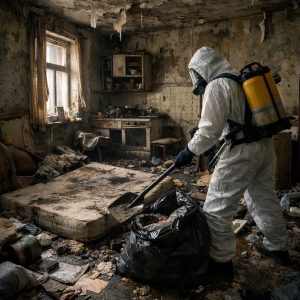 Intervenant en combinaison de protection nettoyant un logement abandonné très dégradé avant remise en état