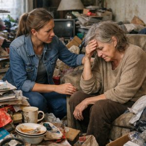 Fille soutenant sa mère âgée dans un logement encombré lié au syndrome de Diogène