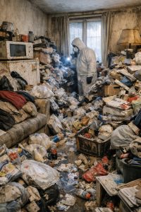 Intérieur d’un logement très encombré dans le nord de la France, illustrant l’ampleur du syndrome de Diogène avec intervention de nettoyage spécialisée